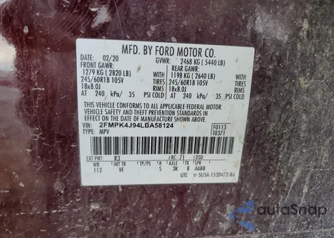 2020 Ford Edge Sel из США, поврежденный, VIN 2FMPK4J94LBA58124